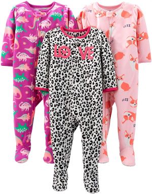 מבצעי Black Friday פיג׳מות לילדים ותינוקות Simple Joys by Carter's Baby and Toddler Girls' 3-Pack Loose Fit Fleece Footed Pajamas